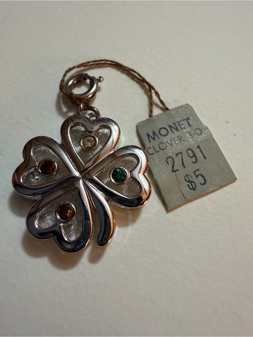 Monet Silver Four-Leaf Clover Brooch with Multicolor Stones